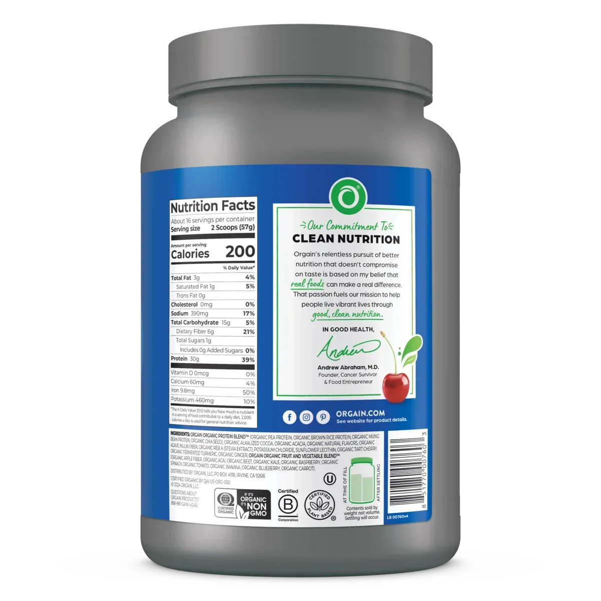 Orgain Organic 30g Vegan Protein Powder, Chocolate 9g EAAs + BCAAs, Plant Protein, 6g Prebiotic + Fiber, 1g Sugar, Pre-Workout, Muscle Support + Recovery - 2.01lb (Packaging May Vary)