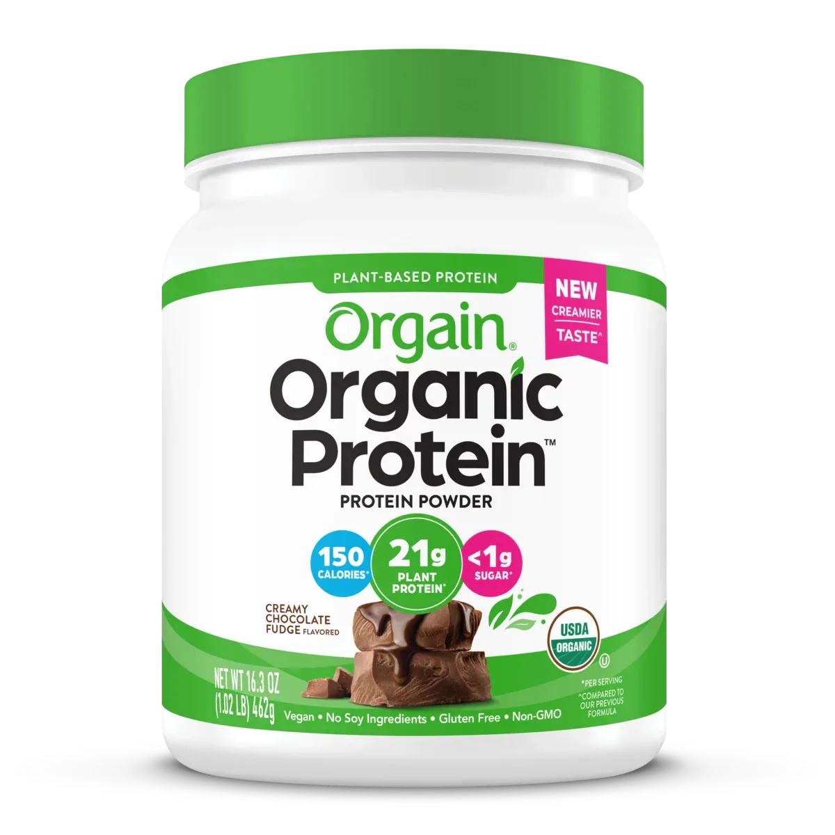 Orgain Organic Vegan Protein Powder, Creamy Chocolate Fudge - 21g Plant Protein, 6g Prebiotic Fiber, Low Net Carb, No Lactose Ingredients, No Added Sugar, Non-GMO, For Shakes & Smoothies, 2.03 lb