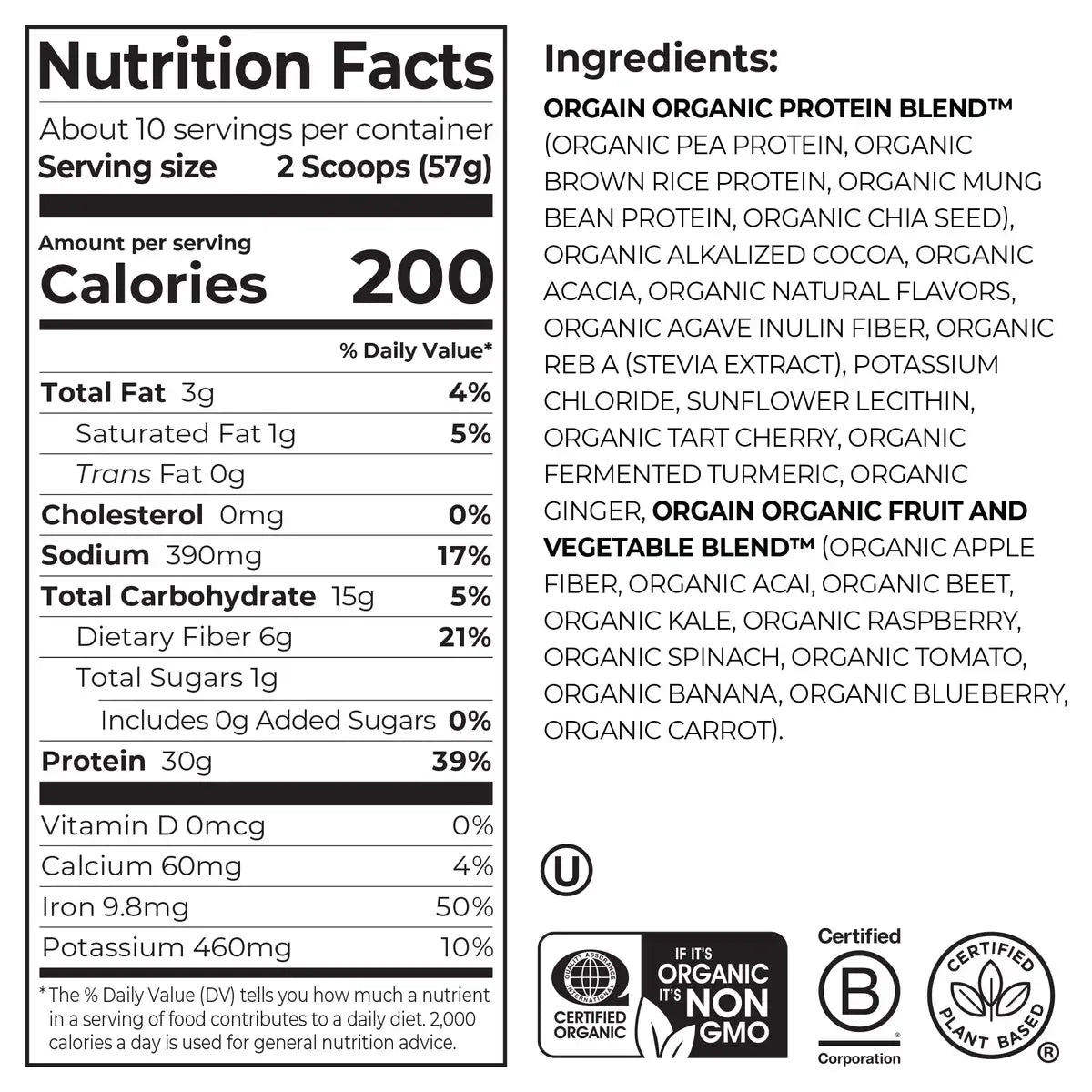 Orgain Organic 30g Vegan Protein Powder, Chocolate 9g EAAs + BCAAs, Plant Protein, 6g Prebiotic + Fiber, 1g Sugar, Pre-Workout, Muscle Support + Recovery - 2.01lb (Packaging May Vary)