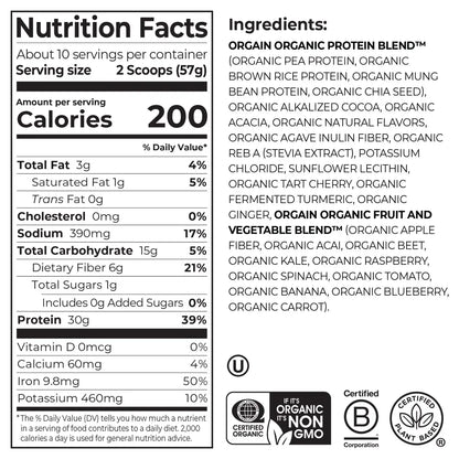 Orgain Organic 30g Vegan Protein Powder, Chocolate 9g EAAs + BCAAs, Plant Protein, 6g Prebiotic + Fiber, 1g Sugar, Pre-Workout, Muscle Support + Recovery - 2.01lb (Packaging May Vary)