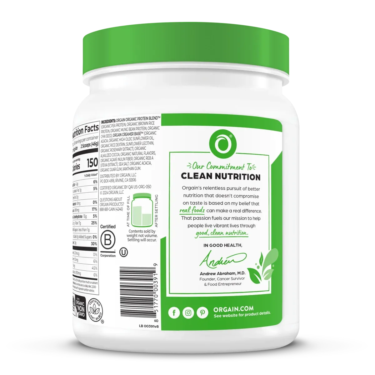 Orgain Organic Vegan Protein Powder, Creamy Chocolate Fudge - 21g Plant Protein, 6g Prebiotic Fiber, Low Net Carb, No Lactose Ingredients, No Added Sugar, Non-GMO, For Shakes & Smoothies, 2.03 lb