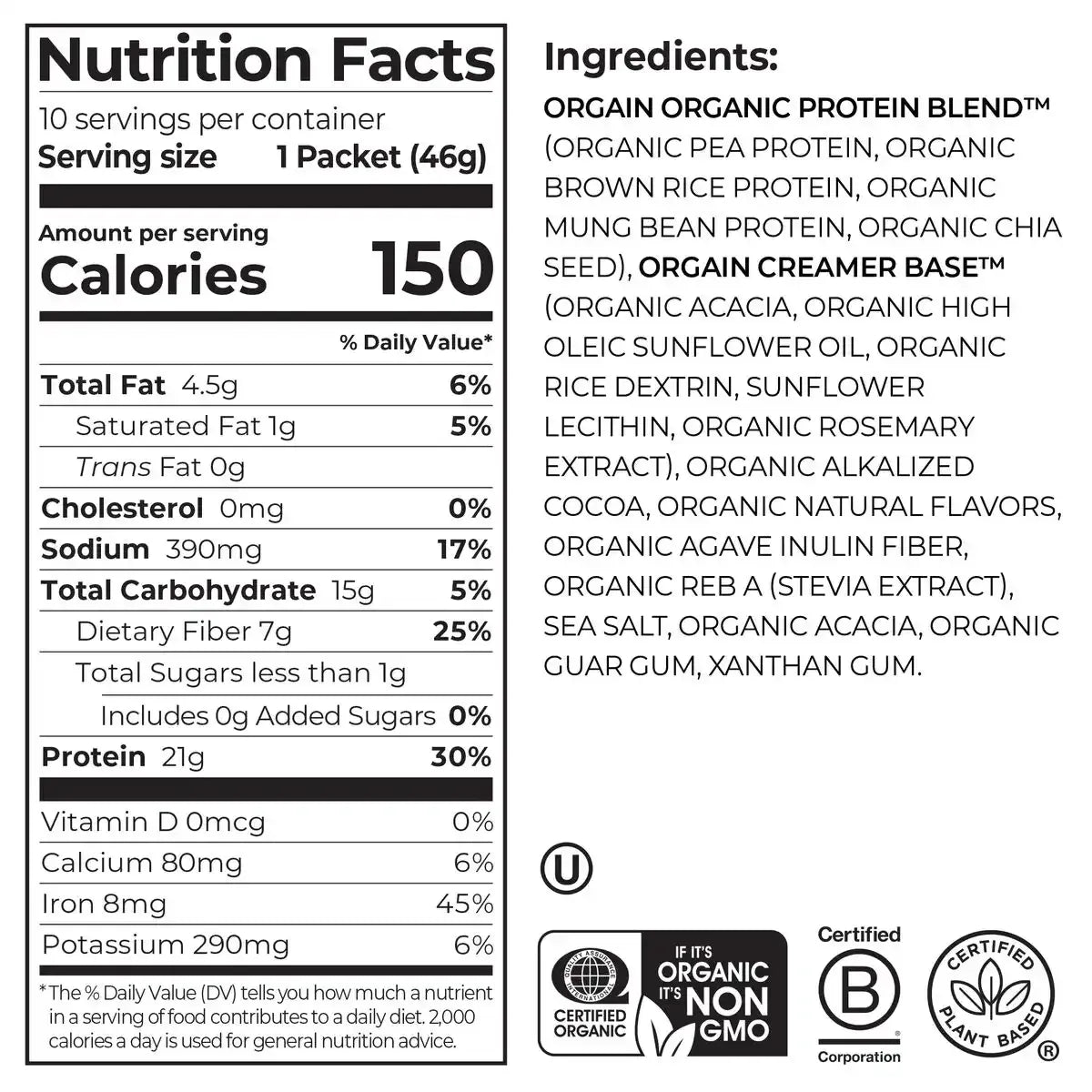 Orgain Organic Vegan Protein Powder, Creamy Chocolate Fudge - 21g Plant Protein, 6g Prebiotic Fiber, Low Net Carb, No Lactose Ingredients, No Added Sugar, Non-GMO, For Shakes & Smoothies, 2.03 lb