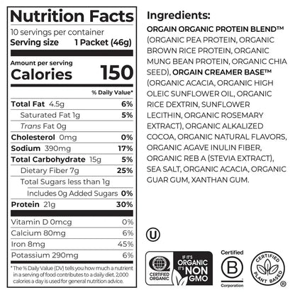 Orgain Organic Vegan Protein Powder, Creamy Chocolate Fudge - 21g Plant Protein, 6g Prebiotic Fiber, Low Net Carb, No Lactose Ingredients, No Added Sugar, Non-GMO, For Shakes & Smoothies, 2.03 lb