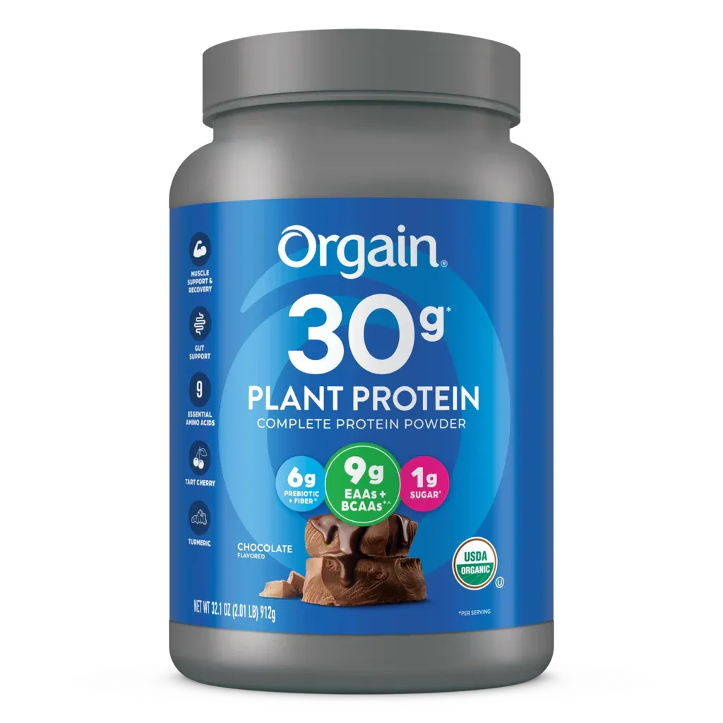 Orgain Organic 30g Vegan Protein Powder, Chocolate 9g EAAs + BCAAs, Plant Protein, 6g Prebiotic + Fiber, 1g Sugar, Pre-Workout, Muscle Support + Recovery - 2.01lb (Packaging May Vary)