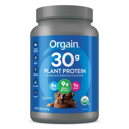 Orgain Organic 30g Vegan Protein Powder, Chocolate 9g EAAs + BCAAs, Plant Protein, 6g Prebiotic + Fiber, 1g Sugar, Pre-Workout, Muscle Support + Recovery - 2.01lb (Packaging May Vary)